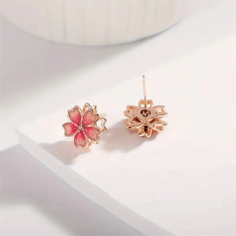 Pink Floral Enamel Stud Earrings Gold Tone Petite Flower Jewelry NWT